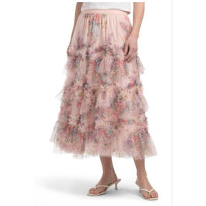 Women's WDNY Pink Multi Floral Tiered Maxi Skirt